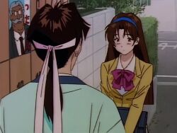 1990s_(style) 1boy 1girl animated anime_screenshot ass black_socks blue_hairband blush breasts brown_eyes brown_hair golden_boy grabbing_another&#039;s_breast grey_skirt groping hairband hand_on_another&#039;s_ass headband jacket katsuda_naoko long_hair long_sleeves medium_breasts no_panties ooe_kintarou pink_ribbon retro_artstyle ribbon school_uniform shirt skirt smile socks sound subtitled tagme thighs video white_headband white_shirt yellow_jacket