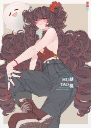 1girl alternate_costume alternate_hairstyle bare_shoulders bead_bracelet beads belt_collar black_choker black_pants blush boots border bracelet breasts bright_pupils brown_background brown_boots brown_hair character_name choker cleavage closed_mouth collar cropped_shirt elliemaplefox fang flower flower-shaped_pupils foot_out_of_frame genshin_impact hair_ribbon highres hu_tao_(genshin_impact) jewelry long_hair looking_at_viewer midriff multiple_rings pants plum_blossoms purple_ribbon red_eyes red_nails red_shirt ribbon ring shirt sideboob skin_fang small_breasts smile solo_focus symbol-shaped_pupils very_long_hair white_border white_pupils