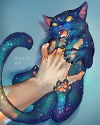 1boy animalization artist_name blue_background cat claws colored_sclera commentary disembodied_hand english_commentary fangs finger_in_another&#039;s_mouth galaxy highres lying nebula on_back original petting star_(sky) sun yellow_eyes yellow_sclera yuumei