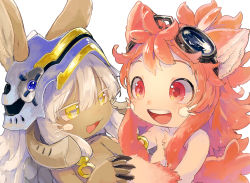 1girl 1other :3 akamtvahosi animal_ears animal_hands blue_headwear brown_fur commentary_request goggles goggles_on_head grey_hair hands_up helmet highres holding_hands interlocked_fingers long_hair made_in_abyss mitty_(furry)_(made_in_abyss) mitty_(made_in_abyss) nanachi_(made_in_abyss) nude open_mouth pink_fur pink_hair red_eyes short_hair_with_long_locks simple_background sparkling_eyes symmetrical_hand_pose tareme upper_body whiskers white_background yellow_eyes
