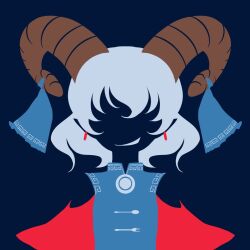 Rule 34 | 1girl, blue dress, detached sleeves, dress, earrings, fork, grey hair, grin, horn ornament, horn ribbon, horns, jewelry, maskin mei, meandros, minimalism, patterned clothing, plate, pointy ears, red horns, red sleeves, ribbon, sheep horns, smile, solo, spoon, touhou, toutetsu yuuma, utensil