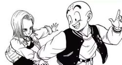 1boy 1girl android_18 bald blonde_hair couple dragon_ball dragonball_z flying furusawa_junya happy holding_hands jacket kuririn lowres monochrome official_art short_hair smile tagme