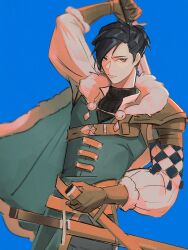1boy aqua_cape arm_up armor belt black_hair black_shirt brown_belt brown_gloves cape chest_belt closed_mouth commentary cowboy_shot english_commentary felix_hugo_fraldarius felix_hugo_fraldarius_(timeskip) fire_emblem fire_emblem:_three_houses fur-trimmed_cape fur-trimmed_gloves fur-trimmed_hood fur_trim gloves highres holding holding_sword holding_weapon hood hood_down looking_to_the_side male_focus nintendo nokedoke orange_eyes pauldrons scabbard sheath shirt shoulder_armor sideways_glance single_pauldron solo sword tassel turtleneck weapon white_fur