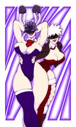 2girls age_difference albino all_for_one_(boku_no_hero_academia) alternate_costume ass boku_no_hero_academia breasts cleavage_cutout clothing_cutout female_focus genderswap genderswap_(mtf) hensket highres huge_ass jacket large_breasts lighting_bolt looking_at_viewer mask multiple_girls multiple_persona no_eyes pale_skin rabbit_girl red_eyes scar scar_on_face shaded_face smug solo teasing thick_thighs thighs tongue tongue_out white_hair aged_down