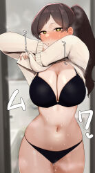 1girl bathroom black_bra black_panties blurry blurry_background blush bra breasts brown_hair brown_sweater cleavage closed_mouth clothes_lift commentary_request cowboy_shot hands_up heart heart-shaped_pupils highres idolmaster idolmaster_million_live! indoors kitazawa_shiho kurozako large_breasts long_sleeves looking_at_viewer no_pants nose_blush panties parted_bangs ponytail solo standing steaming_body sweat sweater sweater_lift symbol-shaped_pupils thigh_gap translation_request underwear undressing yellow_eyes