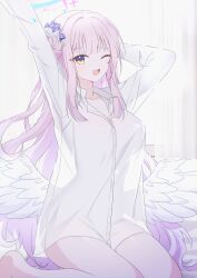 1girl ;d absurdres arms_up blue_archive breasts commentary dress_shirt feathered_wings hair_bun halo highres indoors large_breasts long_hair looking_at_viewer mika_(blue_archive) naked_shirt one_eye_closed open_collar open_mouth pink_hair see-through_silhouette seno_(senohime) shirt single_side_bun sitting smile solo straight_hair stretching very_long_hair wariza white_shirt white_wings wings yellow_eyes