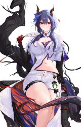 Rule 34 | 1girl, absurdres, alternate costume, ambience synesthesia, arknights, asymmetrical clothes, asymmetrical coat, black sleeves, blue hair, breasts, ch&#039;en (arknights), cleavage, coat, dragon girl, eastern dragon horns, eastern dragon tail, gloves, hand fan, heart, highres, holding, holding fan, large breasts, long hair, looking at viewer, midriff, navel, official alternate costume, red eyes, red gloves, short shorts, shorts, simple background, smile, solo, tuanshan, twintails, white background, white coat, white shorts, yuki flourish