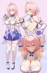 1girl absurdres armpits arms_behind_head bare_shoulders blue_eyes blue_hair blue_nails blue_skirt blush bonz_(bonz0616) breasts closed_mouth commentary detached_sleeves eating english_commentary food food_in_mouth hair_between_eyes hand_up highres holding holding_food holding_popsicle honkai:_star_rail honkai_(series) large_breasts looking_at_viewer march_7th_(honkai:_star_rail) march_7th_(nascent_spring)_(honkai:_star_rail) medium_hair multicolored_eyes multicolored_hair multiple_views nail_polish official_alternate_costume pink_background pink_eyes pink_hair popsicle popsicle_in_mouth sideboob simple_background skirt smile streaked_hair sweat thighs tiara twitter_username two-tone_eyes