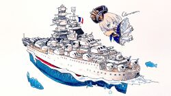 1girl anti-aircraft anti-aircraft_gun black_hat blonde_hair blue_eyes character_name chibi chibi_only clemenceau_(warship_girls_r) french_flag hat highres kikusui_karakuchi marker_(medium) military_vehicle peaked_cap ship ship_turret short_hair simple_background solo traditional_media warship warship_girls_r water watercraft white_background