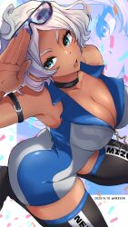 1girl absurdres arm_belt arm_up artist_name breasts cleavage collar commentary_request curvy dark-skinned_female dark_skin dated eyewear_on_head fluffy_hair green_eyes gundam gundam_suisei_no_majo highres large_breasts mizuno374 nail_polish race_queen secelia_dote skin_tight skindentation striped_clothes striped_thighhighs thick_thighs thighhighs thighs twitter_username white_hair zipper