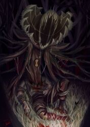 1boy 1other alien ben_10 blood blood_on_clothes boots brown_boots brown_pants drooling grass highres horror_(theme) lying mobzeroone monster omnitrix on_back open_mouth pants sharp_teeth shirt signature solo teeth white_shirt wildvine