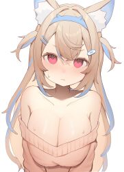 1girl alternate_costume animal_ear_fluff animal_ears bandaid bandaid_hair_ornament blonde_hair blue_hair blue_hairband breasts cleavage closed_mouth dog_ears dog_girl fuwawa_abyssgard grey_sweater hair_ornament hairband highres hololive hololive_english horn_hairband large_breasts looking_at_viewer multicolored_hair pink_eyes simple_background solo streaked_hair sweat sweater szuukie virtual_youtuber white_background
