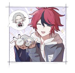 2boys :d animalization aotsuki_eito black_gloves black_streaks blue_jacket border character_doll closed_eyes doll drawstring facing_viewer glasses gloves grey_hair highres holding holding_doll image_in_speech_bubble jacket jacket_over_hoodie male_focus multicolored_hair multicolored_jacket multiple_boys octopus open_clothes open_jacket open_mouth purple_background qiming_zhende_hao_nan rabbit red_hair short_hair smile sparkle streaked_hair sumino_takumi the_hundred_line_-last_defense_academy- tomato two-tone_jacket white_border white_jacket