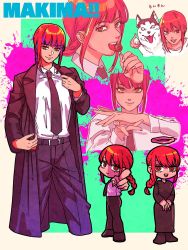 1girl belt black_coat black_dress black_footwear black_necktie black_pants black_suit blouse braid braided_ponytail business_suit candy chainsaw_man character_name reference_sheet chibi closed_mouth coat dog dress drgryu750 food formal_clothes halo highres holding holding_candy holding_food holding_lollipop husky licking lollipop long_coat looking_at_viewer makima_(chainsaw_man) necktie open_mouth orange_eyes own_hands_together pants pointing pointing_at_viewer ponytail red_hair red_halo ringed_eyes shirt sinister solo suit teeth white_shirt