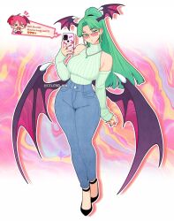 2girls artist_name blue_pants breasts casual celebelian darkstalkers demon_wings earrings english_text full_body glasses green_eyes green_hair green_sweater head_wings highres holding holding_phone jewelry lilith_(darkstalkers) morrigan_aensland multiple_girls necklace off_shoulder pants parted_bangs phone pink_nails ring speech_bubble sweater twitter_username wings