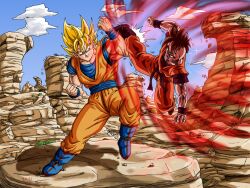 2boys aura black_eyes black_hair blocking blonde_hair dark-skinned_male dark_skin dragon_ball dragon_ball_multiverse green_eyes happy kaiouken kicking master_and_apprentice master_and_pupil multiple_boys muscular muscular_male serious smile son_goku sparring super_saiyan sweatdrop training uub