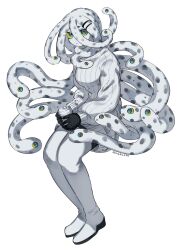 1girl blue_eyes colored_sclera colored_skin commentary cup disposable_cup eel_girl full_body highres holding holding_cup invisible_chair long_hair long_sleeves looking_at_viewer monster_girl original ruteko_(ruko220) simple_background sitting snake_hair solo sweater symbol-only_commentary turtleneck turtleneck_sweater very_long_hair white_background white_hair white_skin white_sweater yellow_sclera