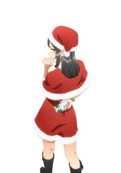 Rule 34 | 1girl, black hair, boots, brown eyes, cellphone, character request, closed mouth, earrings, from behind, hat, highres, holding, jewelry, kneepits, long hair, looking back, official art, phone, promotional art, santa costume, santa hat, seishun buta yarou, smartphone, solo, transparent background