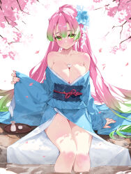 1girl areola_slip armpit_crease bare_shoulders blue_flower blue_kimono blue_sash blush breasts bust_cup cherry_blossoms cleavage closed_mouth collarbone commentary cup english_commentary fingernails flower gradient_hair green_eyes green_hair hair_between_eyes hair_flower hair_ornament high_ponytail highres japanese_clothes kanroji_mitsuri kimetsu_no_yaiba kimono knees large_breasts long_hair long_sleeves looking_at_viewer mixed-language_commentary mole mole_under_each_eye mole_under_eye multicolored_hair multiple_moles nail_polish pink_hair pink_nails ponytail revision sakazuki sash sitting sleeves_past_wrists smile soaking_legs solo thighs tokkuri tray tree two-tone_hair very_long_hair waterring wide_sleeves yukata