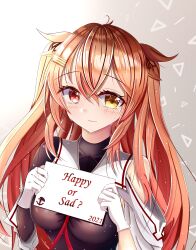 1girl 2022 absurdres black_ribbon breasts brown_hair chinese_commentary closed_eyes commentary crying crying_with_eyes_open english_commentary english_text gloves hair_between_eyes hair_flaps hair_ornament hair_ribbon hairclip happy_new_year heterochromia highres holding holding_sign kantai_collection large_breasts long_hair looking_at_viewer mixed-language_commentary murasame_(kancolle) murasame_kai_ni_(kancolle) new_year red_eyes ribbon sign smile solo tears two_side_up upper_body white_gloves yellow_eyes zangetsu_yuki_yuki