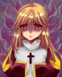 Rule 34 | 1girl, aura, bio lab, blonde hair, breasts, closed mouth, commentary request, dress, expressionless, glowing, glowing eyes, hair between eyes, high priest (ragnarok online), highres, juliet sleeves, long hair, long sleeves, looking at viewer, margaretha sorin, medium breasts, puffy sleeves, purple background, ragnarok online, red dress, red eyes, shaded face, shirokuro (erisnoa), solo, two-tone dress, upper body, white dress