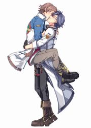 2boys absurdres black_gloves black_pants blue_coat blue_hair boots brown_footwear brown_hair carrying carrying_person closed_eyes closed_mouth coat commentary commission eiyuu_densetsu english_commentary full_body gloves grey_pants hajimari_no_kiseki high_collar highres lloyd_bannings male_focus multicolored_coat multiple_boys pants print_coat rean_schwarzer sen_no_kiseki sen_no_kiseki_(series) sen_no_kiseki_i sen_no_kiseki_iii simple_background teeth two-tone_coat white_background white_coat yaoi yuzukiyo