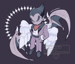1boy angel_wings ascot black_eyes black_shoes chibi chibi_only colored_skin demon_wings devil_(tekken) full_body highres jacket kotorai male_focus mishima_kazuya multiple_wings no_mouth no_nose pants purple_background purple_jacket purple_pants purple_skin red_ascot shoes tekken v-shaped_eyebrows wings
