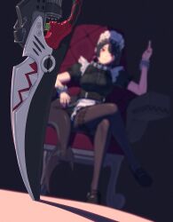 Rule 34 | 1girl, apron, belt, black pantyhose, breasts, chair, dress, ellen joe, fins, fish tail, frilled dress, frills, highres, large breasts, looking at viewer, maid, maid apron, maid headdress, muranomiro, on chair, pantyhose, red eyes, shark girl, shark tail, shoes, short hair, sitting, tail, weapon, zenless zone zero