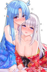 2girls absurdres alternate_costume bare_shoulders blue_hair blue_horns blue_kimono blue_pupils blush braid breasts cleavage collarbone crown_braid dragon_girl dragon_horns drunk elf emilia_(re:zero) facial_mark floral_print forehead_mark hair_ornament hair_ribbon highres horns japanese_clothes kimono large_breasts long_hair long_sleeves looking_at_viewer merueru multiple_girls obi off_shoulder open_mouth original pointy_ears purple_eyes purple_ribbon re:zero_kara_hajimeru_isekai_seikatsu red_eyes red_kimono ribbon sash simple_background smile squeans white_background white_hair wide_sleeves