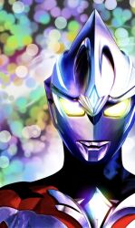 1boy 4ze_meteor abstract_background alien black_skin blue_gemstone blurry blurry_background bokeh color_timer colored_skin colorful_background commentary crystal depth_of_field dorsal_fin forehead_jewel gem glowing glowing_eyes looking_at_viewer male_focus multicolored_skin no_pupils portrait red_skin silver_skin solo tokusatsu ultra_series ultraman_arc ultraman_arc_(series) yellow_eyes