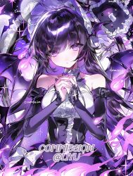 Rule 34 | 1girl, artist name, bare shoulders, black hair, demon wings, detached sleeves, dress, hanaseto, highres, long hair, looking at viewer, original, own hands together, purple eyes, purple hair, purple theme, solo, wings