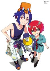1boy 1girl amate_yuzuriha aqua_eyes aqua_shirt aqua_skirt blue_hair blush borrowed_clothes breasts closed_eyes closed_mouth collared_shirt colored_inner_hair conch_(gundam) cowboy_shot gloves gundam gundam_gquuuuuux haro highres holding holding_spray_can kobori_shie looking_at_viewer multicolored_hair necktie non-humanoid_robot official_art open_mouth paint pants ponytail purple_hair red_eyes red_hair robot school_uniform shirt short_hair shuji_ito simple_background single_glove skirt smile spray_can spray_paint spraying tank_top two-tone_hair white_background