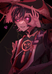 Rule 34 | 1boy, absurdres, alternate eye color, armor, black background, black bodysuit, black hair, black hat, black kimono, black sleeves, blunt ends, bodysuit, electro symbol (genshin impact), eyelashes, furisode, genshin impact, gold, gold trim, grey veil, hand over eye, hand up, hat, highres, japanese armor, japanese clothes, jewelry, jingasa, juban, kimono, kote, kurokote, looking at viewer, male focus, mandarin collar, mitsudomoe (shape), multicolored hair, neck ring, nero hanken, open clothes, open kimono, open mouth, pink eyes, purple rope, purple sash, red hair, red hat, red kimono, red theme, rope, sash, scaramouche (genshin impact), shimenawa, single sode, smile, solo, streaked hair, symbol-shaped pupils, tassel, tomoe (symbol), upper body, veil, white kimono, white mouth, white rope, wispy bangs