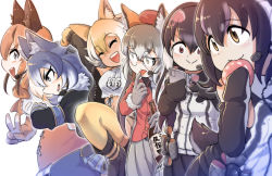 6+girls african_penguin_(kemono_friends) animal_ears beret black_hair black_hoodie black_jacket black_skirt blonde_hair blue_hair blue_lips blue_skirt blush caracal_(kemono_friends) caracal_ears cat_ears cat_girl cellphone center_frills coyote_(kemono_friends) dire_wolf_(kemono_friends) eating elbow_gloves everyone food fox_ears fox_girl frills glasses gloves grey_gloves grey_hair grey_skirt hat hood hoodie humboldt_penguin_(kemono_friends) island_fox_(kemono_friends) jacket japari_bun kemono_friends kemono_friends_v_project leg_up licking licking_finger long_hair long_sleeves mcgunngu microphone midriff multicolored_hair multiple_girls navel orange_hair orange_headwear orange_jacket penguin_girl phone pink_hair plaid_clothes plaid_skirt pleated_skirt purple_hair shirt short_hair skirt smartphone spaghetti_strap streaked_hair thighhighs twintails two-tone_hair two-tone_hoodie v virtual_youtuber white_gloves white_hair white_hoodie white_shirt wolf_ears wolf_girl yellow_legwear zettai_ryouiki