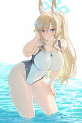 1girl animal_ear_fluff animal_ears blonde_hair blue_archive blue_eyes breasts collarbone commentary covered_navel extra_ears fangxiang_cuoluan groin halo hand_on_own_thigh highleg highleg_one-piece_swimsuit highres kanna_(blue_archive) kanna_(swimsuit)_(blue_archive) large_breasts long_hair looking_at_viewer official_alternate_costume one-piece_swimsuit ponytail solo swimsuit thighs two-tone_one-piece_swimsuit v-shaped_eyebrows very_long_hair wading