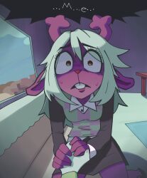 1girl 1other animal_ears animal_nose antlers bare_legs barefoot blonde_hair brown_fur buck_teeth checkered_clothes checkered_sweater_vest checkered_vest collared_shirt constricted_pupils couch deer_ears deer_girl deltarune ears_down eyelashes fisheye furry furry_female hair_between_eyes highres holding_hands hooves horns kris_(deltarune) long_hair long_sleeves nervous_sweating noelle_holiday oakblu on_couch parted_lips pov pov_hands red_nose reindeer_antlers reindeer_girl scared shaded_face shirt sitting surprised sweat teeth two-tone_sweater_vest vest weird_route_(deltarune) wide-eyed
