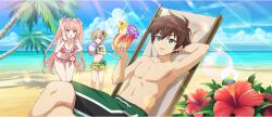 Rule 34 | 1boy, 2girls, ahoge, arm behind head, ball, beach, beachball, bent over, bikini, bikini shorts, blonde hair, blue sky, breasts, brown hair, calling, chair, cherry, cielo (konosuba), cleavage, closed mouth, cloud, collarbone, crossed legs, cup, day, deck chair, drinking glass, drinking straw, erika (konosuba), eyewear on head, flower, flower in drink, folding chair, food, frilled bikini, frilled shorts, frills, fruit, game cg, green bikini, green eyes, green male swimwear, green swim trunks, hair flower, hair ornament, hand on own hip, hand up, heart, heart-shaped eyewear, hibiscus, highres, holding, holding ball, holding beachball, holding cup, horizon, ice, ice cube, kono subarashii sekai ni shukufuku wo!, konosuba! fantastic days, lemon, lemon slice, lens flare, long hair, male swimwear, medium breasts, multiple girls, navel, ocean, official art, open mouth, outdoors, palm tree, parted lips, pectorals, pink bikini, pink hair, purple flower, red eyes, red flower, satou kazuma, short eyebrows, short hair, shorts, sky, smile, smug, sparkle, starfish, sunflower, sunglasses, sunlight, swim trunks, swimsuit, third-party source, topless male, tree, twintails, very long hair