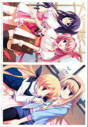 4girls :o absurdres alternate_costume antenna_hair aoi_sena apron back_bow bed bed_sheet black_bow black_headband black_pantyhose black_thighhighs blonde_hair blue_dress blue_jacket blue_skirt blush bow breasts chaos;head charm_(object) collar collarbone cuffs dangling denim denim_skirt dress enmaided exif_rotation fingernails frills frog gero-froggy gesture hair_bow hair_ribbon hairband hand_on_own_chest hand_on_own_leg head_tilt headband highres holding holding_board holding_charm holding_menu hood hoodie jacket long_hair long_sleeves looking_at_another looking_at_viewer lying maid maid_apron maid_headdress matsuo_yukihiro medium_breasts menu menu_board miniskirt multiple_girls multiple_hair_bows nishijou_nanami non-web_source official_art on_bed on_stomach one_eye_closed open_mouth orange_apron orihara_kozue pantyhose pink_apron pink_hair plant pointing ponytail potted_plant puffy_short_sleeves puffy_sleeves purple_eyes purple_hair red_ribbon ribbon ribbon-trimmed_collar ribbon_trim sakihata_rimi sash shirt short_sleeves short_twintails side_ponytail sidelocks skirt small_breasts smile string striped_clothes striped_shirt suspender_skirt suspenders thighhighs twintails waist_apron waist_sash white_apron white_headdress white_shirt white_thighhighs window windowsill worried wrist_cuffs