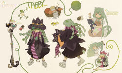 1girl anger_vein animal animal_ears aqua_eyes ashukapeka basket beanie bell black_headwear black_robe blunt_bangs blush_stickers braid brown_dress brown_eyes brushing_hair brushing_own_hair cat cat_ears cat_girl cat_tail character_name choker clothed_animal coat commentary cropped_torso dress english_commentary english_text eyes_visible_through_hair gecko green_eyes green_hair grey_footwear grey_sweater hair_brush hair_ornament hair_over_one_eye hairclip hands_up hat heterochromia hex_tails highres holding holding_hair_brush holding_sewing_needle holding_unworn_clothes holding_unworn_hat jingle_bell long_hair long_sleeves looking_at_viewer midriff_peek multi-tied_hair multiple_braids multiple_views mushroom needle one-eyed original pajamas pinafore_dress pouch purple_coat purple_headwear purple_scarf red_headwear red_scarf robe sandals scarf sewing sewing_needle shirt short_sleeves simple_background sitting sleeveless sleeveless_dress socks staff standing striped_clothes striped_scarf stuffed_animal stuffed_frog stuffed_gecko stuffed_snail stuffed_toy sweater tail third_eye unworn_hat unworn_headwear walking white_shirt white_socks witch witch_hat yarn yarn_ball