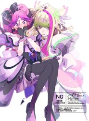 Rule 34 | 2girls, aoi tete, bare arms, bare shoulders, black gloves, black hair, black socks, blonde hair, blunt bangs, blush, boots, braid, bubble skirt, carrying, carrying person, choker, covering own mouth, cure kiss, cure zukyuun, dress, earrings, elbow gloves, floating hair, fortissimo, frilled ribbon, frills, gingham dress, gloves, gradient hair, green hair, hair extensions, hair ornament, hair ribbon, hair wings, half gloves, hands on another&#039;s thighs, heart-shaped lock, high heels, highres, jewelry, kimi to idol precure, knee boots, kneehighs, long hair, looking at another, meroron (human form), multicolored hair, multiple earrings, multiple girls, musical note, musical note hair ornament, parted bangs, pearl earrings, pink hair, precure, princess carry, puffy short sleeves, puffy sleeves, purirun (human form), purple dress, purple eyes, red eyes, ribbon, short sleeves, signature, skirt, sleeveless, sleeveless dress, socks, twin braids, twintails, twitter username, very long hair, watermark, white dress, white gloves, wing hair ornament