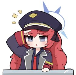 1girl armband black_coat black_shirt blue_archive coat collared_shirt commentary_request grey_eyes hair_between_eyes halo hat iroha_(blue_archive) long_hair long_sleeves looking_at_viewer military_vehicle motor_vehicle necktie open_clothes open_coat parted_lips peaked_cap red_armband red_hair red_necktie riding safety_pin salute school_uniform shirt sidelocks simple_background solo tagyeokgam tank tiger_i wavy_hair white_background