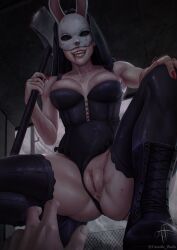 1girl absurdres alternate_breast_size anus artist_name axe black_corset black_thighhighs blood blood_on_face blood_on_mask breasts camille_waifu cleavage collarbone corset covered_eyes dead_by_daylight evil_smile facing_viewer fingernails highres holding holding_axe holding_weapon lace_trim large_breasts lips mask medium_breasts nail_polish pussy pussy_juice rabbit_mask realistic red_nails shoes signature sitting smile the_huntress_(dead_by_daylight) thick_thighs thighhighs thighs twitter_username veil watermark weapon