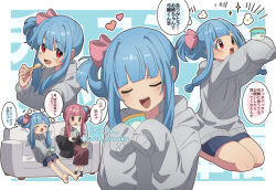 2girls barefoot black_jacket black_shorts blue_background blue_bow blue_hair bow closed_eyes commentary_request corn_kuten couch cropped_torso facing_viewer feet_out_of_frame food full_body grey_hoodie hair_bun holding holding_food holding_ice_cream holding_spoon hood hoodie ice_cream ice_cream_cup jacket kotonoha_akane kotonoha_aoi looking_at_viewer multiple_girls open_mouth pink_bow pink_hair red_eyes red_hair red_skirt shirt shorts siblings sidelocks simple_background single_side_bun sisters skirt sleeves_past_fingers sleeves_past_wrists smile spoon teeth translation_request upper_body upper_teeth_only voiceroid white_background white_shirt