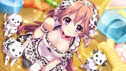 1girl :3 asymmetrical_legwear black_pantyhose black_shoes bow bowl breasts brown_collar cartoon_bone chew_toy cleavage closed_mouth collar dalmatian dalmatian_print detached_sleeves dog dot_nose dress dutch_angle film_grain from_above game_cg haeno_akari hair_bow hairband indoors izumi_tsubasu large_breasts lens_flare long_hair looking_at_viewer maid mismatched_legwear name_tag non-web_source official_art on_floor pantyhose paw_pose pet_bowl pink_hair print_bow print_hairband print_scrunchie print_skirt print_sleeves puppy purple_eyes re:stage! scrunchie shoes short_sleeves single_detached_sleeve sitting skirt smile solo sparkle translated two_side_up unconventional_maid wariza white_dress white_pantyhose wooden_floor
