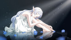 1girl absurdres barefoot blue_flower closed_eyes closed_mouth dinyc dress elf flower frieren grey_hair highres light_particles long_hair on_ground pointy_ears reflective_floor sitting solo sousou_no_frieren white_dress