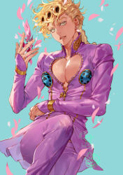1boy aqua_background artist_name bishounen blonde_hair braid bug cleavage_cutout clothing_cutout colored_eyelashes earrings funpjinju giorno_giovanna insect jacket jewelry jojo_no_kimyou_na_bouken korean_text ladybug ladybug_ornament long_hair male_focus pants parted_lips petals pink_jacket pink_pants sleeves_past_wrists smile solo toned toned_male vento_aureo victory_rolls watermark yellow_eyes