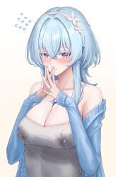 1girl absurdres alternate_costume bare_shoulders blue_cardigan blue_hair blue_nails blush breasts cardigan cleavage closed_mouth collarbone colored_eyelashes commentary commonalty fingernails flying_sweatdrops grey_shirt hair_between_eyes hairband heart highres jewelry lactation large_breasts long_hair looking_at_viewer nail_polish off_shoulder purple_eyes ring shirt shorekeeper_(wuthering_waves) simple_background solo steepled_fingers upper_body white_background white_hairband wuthering_waves