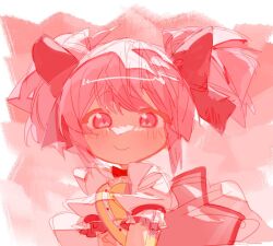 1girl blush bow dress hair_bow kaname_madoka kaname_madoka_(magical_girl) limited_palette looking_at_viewer magical_girl mahou_shoujo_madoka_magica moettimae pink_dress pink_hair pink_theme puffy_short_sleeves puffy_sleeves red_bow short_hair short_sleeves sketch smile solo twintails upper_body white_dress