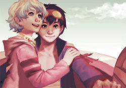 +_+ 00s 1boy 1girl aged_down artist_request blue_hair cross-shaped_pupils goggles goggles_on_head highres maaria_laurinen md5_mismatch multicolored_hair nia nia_teppelin realistic resized resolution_mismatch short_hair simon_(ttgl) sky source_smaller symbol-shaped_pupils tengen_toppa_gurren_lagann upscaled