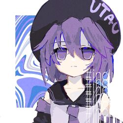 1girl :| beret black_hat black_sleeves closed_mouth clothes_writing collarbone detached_sleeves hair_between_eyes hat mizuna_(327) necktie purple_eyes purple_hair purple_necktie purple_trim short_hair solo split_mouth upper_body utane_uta utau